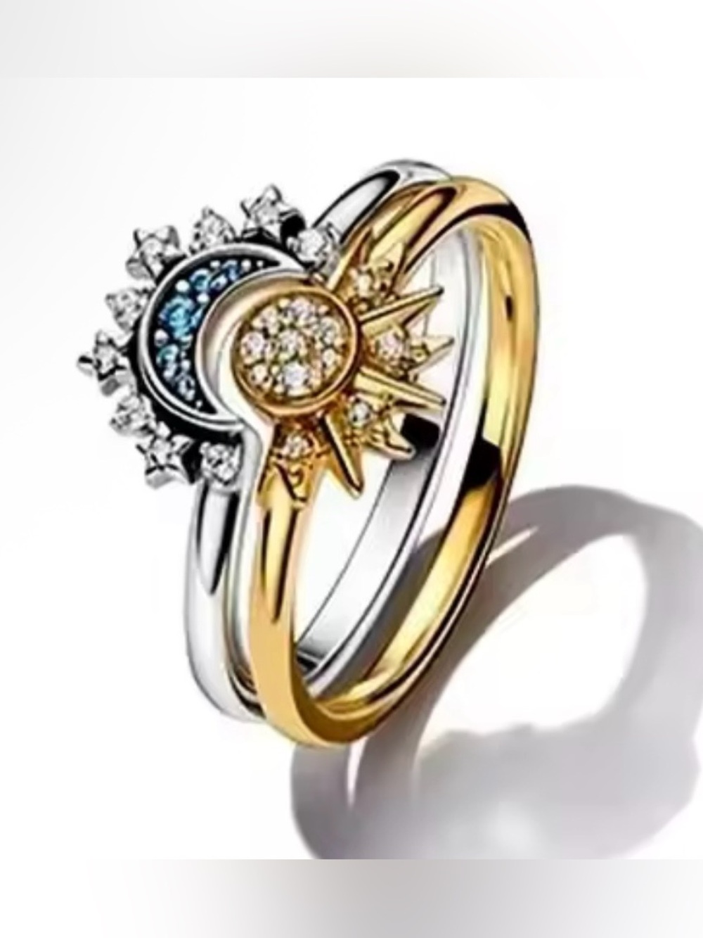 Sun & Moon Stars S 925 Two Pc Stackable Ring Set Gold and Silver Blue Gemstones